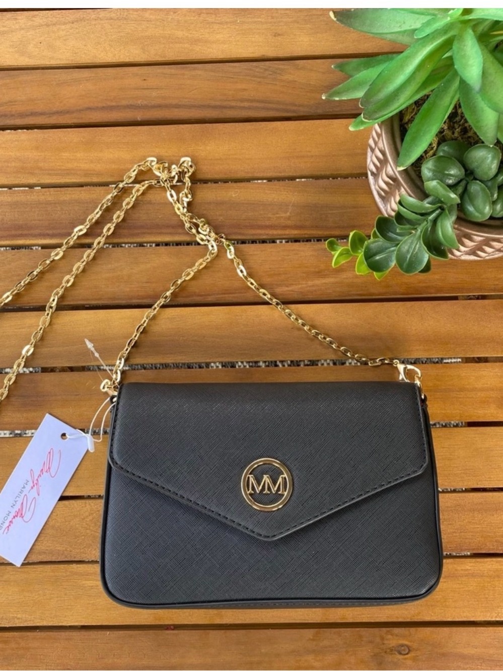 Black Crossbody Wallet with Gold Chain and MM Emblem
